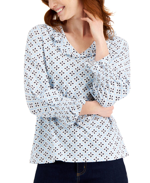 Charter Club Geo-Print Ruffled-Collar 3/4-Sleeve Top